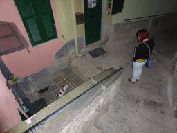 Miaomiao with a cat in an alley at Vernazza, by night