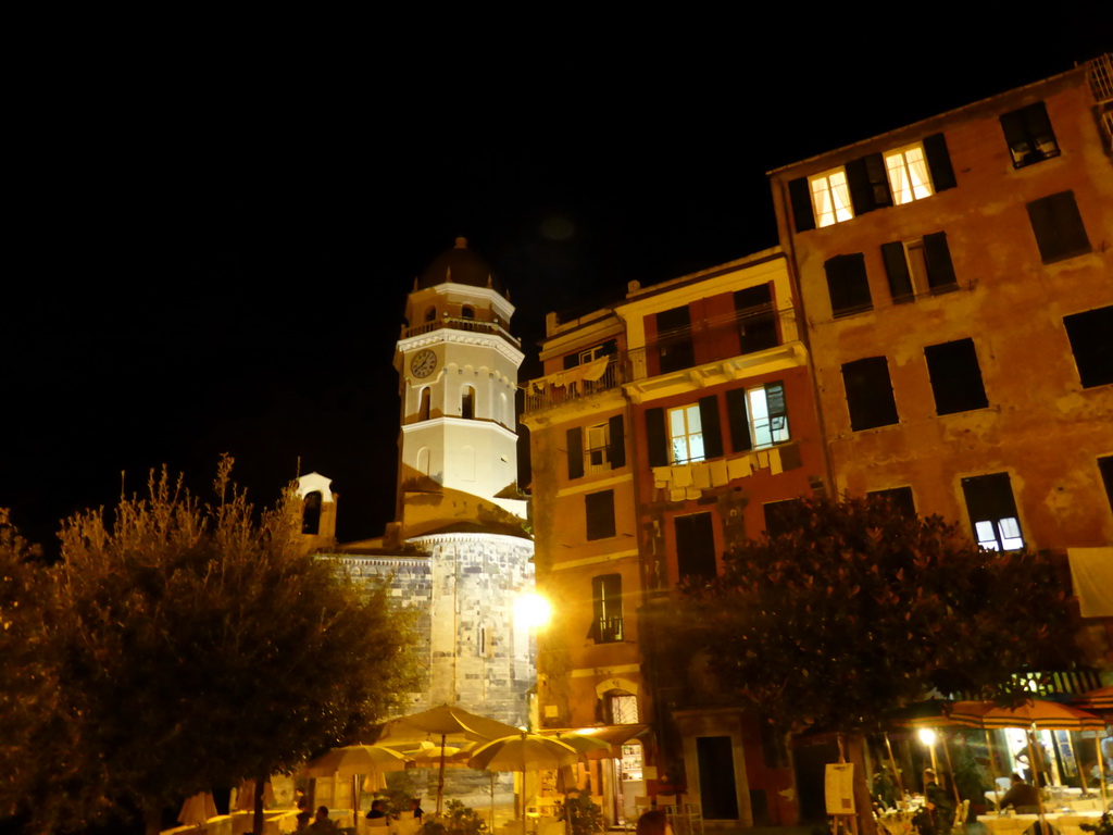 The Chiesa di Santa Margherita d`Antiochia church and houses at the Piazza Marconi square at Vernazza, by night
