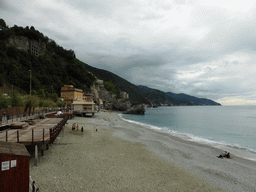 The beach of the new town of Monterosso al Mare and the Torre Aurora tower