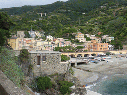 Monterosso al Mare and its beach and railway, viewed from the Zii di Frati street