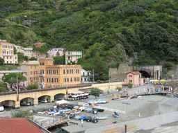 Monterosso al Mare and its beach and railway, viewed from the Zii di Frati street