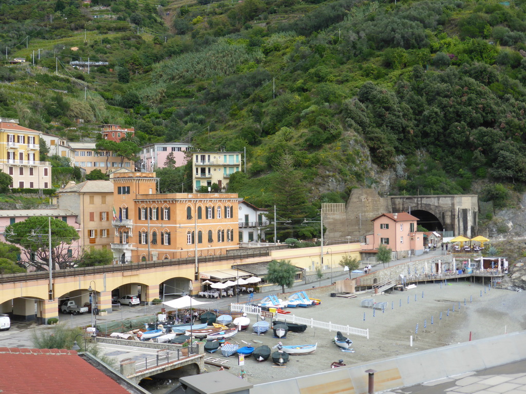 Monterosso al Mare and its beach and railway, viewed from the Zii di Frati street