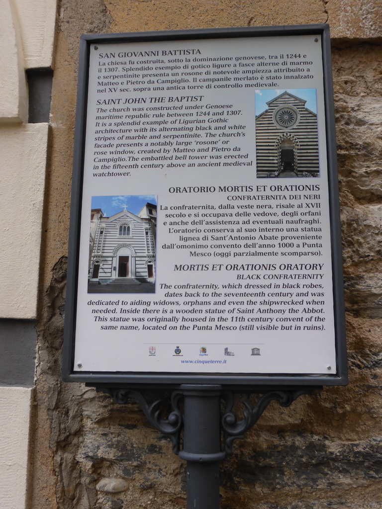 Information on the Chiesa di San Giovanni Battista church and the Oratorio Mortis et Orationis oratory at Monterosso al Mare