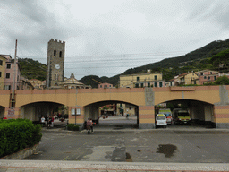 Railway bridge over the Piazza Garibaldi square and the tower of the Chiesa di San Giovanni Battista church at Monterosso al Mare