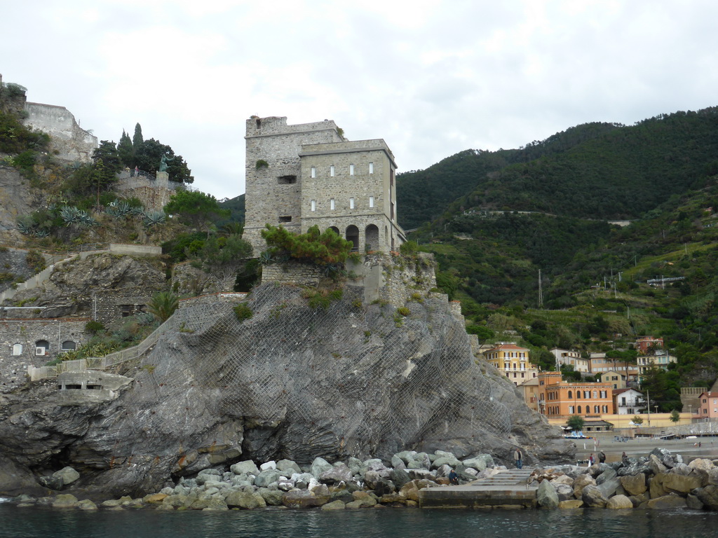 Monterosso al Mare and the Torre Aurora tower, viewed from the ferry to Vernazza