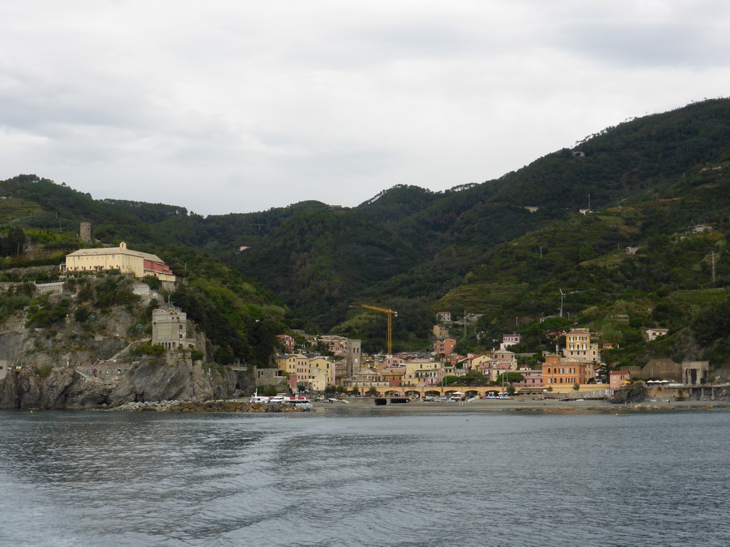 Monterosso al Mare with its harbour and beach and the Torre Aurora tower, viewed from the ferry to Vernazza