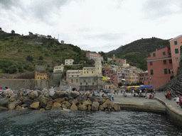 The harbour of Vernazza, the Piazza Marconi square and the Chiesa di Santa Margherita d`Antiochia church, viewed from the ferry from Monterosso al Mare