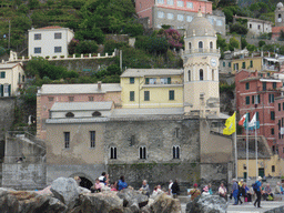 The Chiesa di Santa Margherita d`Antiochia church at Vernazza, viewed from the ferry from Monterosso al Mare