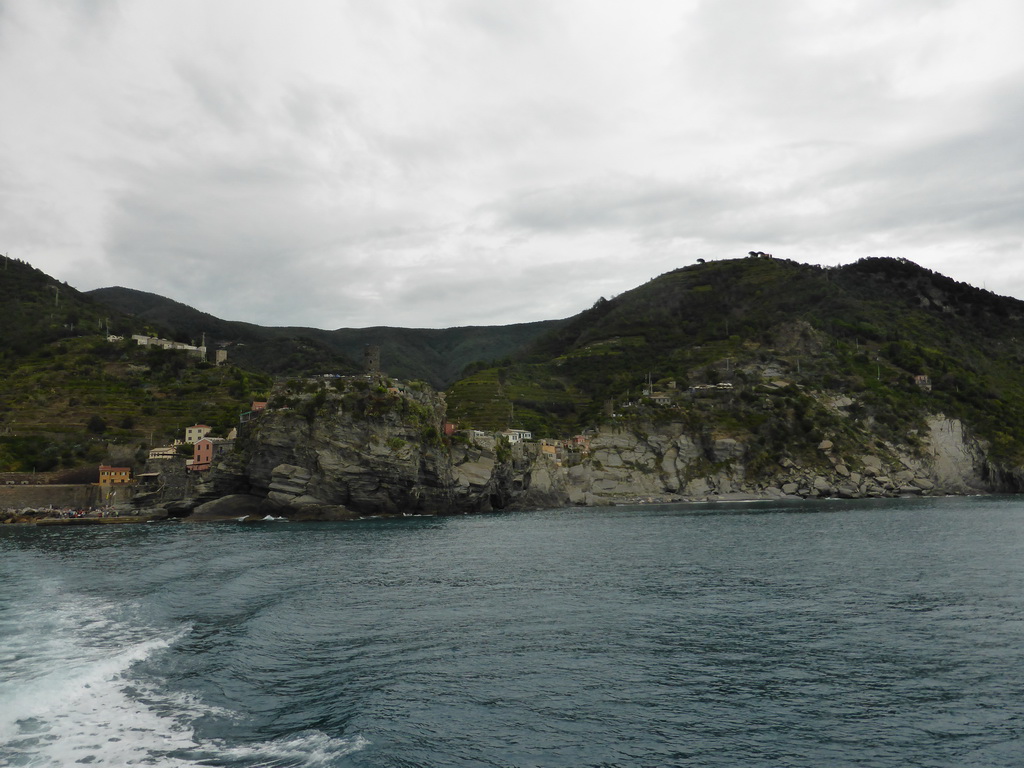The harbour of Vernazza and Doria Castle, viewed from the ferry to Manarola