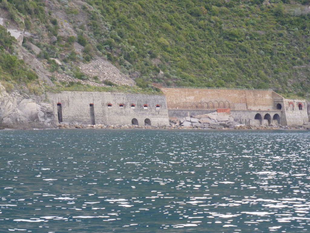 Railway and tunnels between Vernazza and Corniglia, viewed from the ferry to Manarola