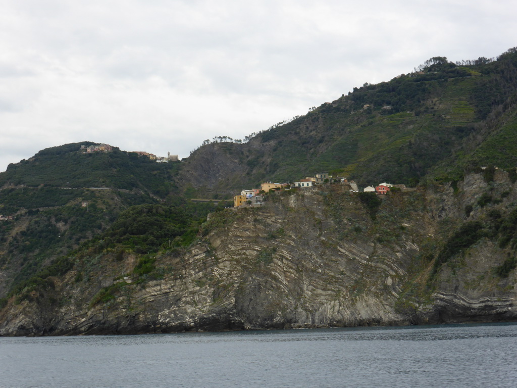 Corniglia and the Santuario di San Bernardino sanctuary, viewed from the ferry from Vernazza to Manarola