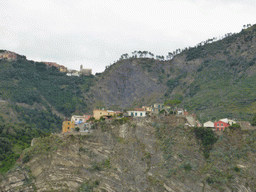 Corniglia and the Santuario di San Bernardino sanctuary, viewed from the ferry from Vernazza to Manarola