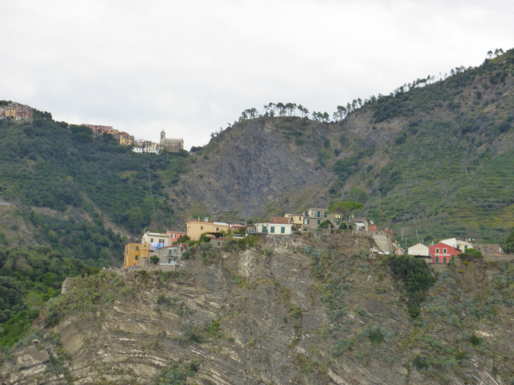 Corniglia and the Santuario di San Bernardino sanctuary, viewed from the ferry from Vernazza to Manarola