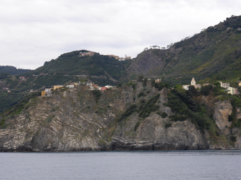 Corniglia and the Santuario di San Bernardino sanctuary, viewed from the ferry from Vernazza to Manarola