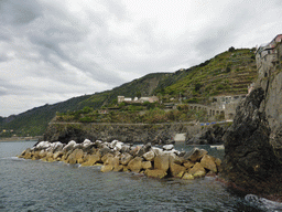 The Punta Bonfiglio hill and the harbour of Manarola, viewed from the ferry from Vernazza