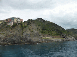 Manarola and its railway station, viewed from the ferry to Riomaggiore