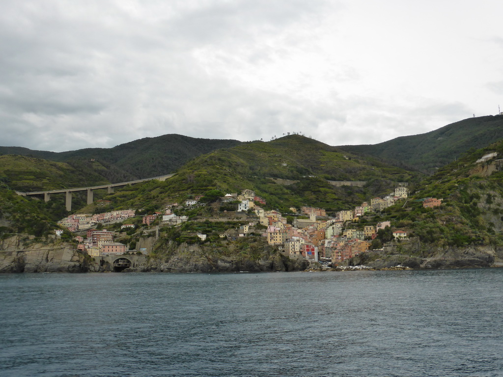 The new town and the old town of Riomaggiore, viewed from the ferry from Manarola