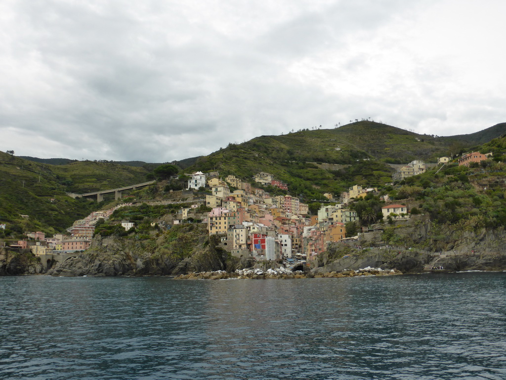 The new town and the old town of Riomaggiore, viewed from the ferry from Manarola