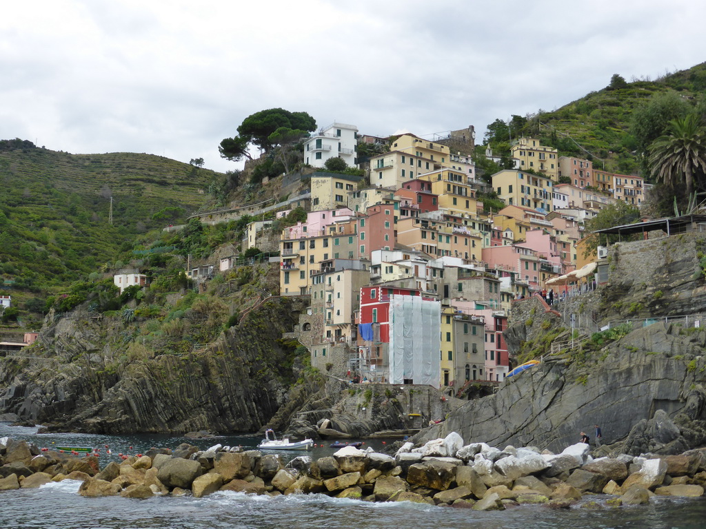 Riomaggiore and its harbour, viewed from the ferry from Manarola