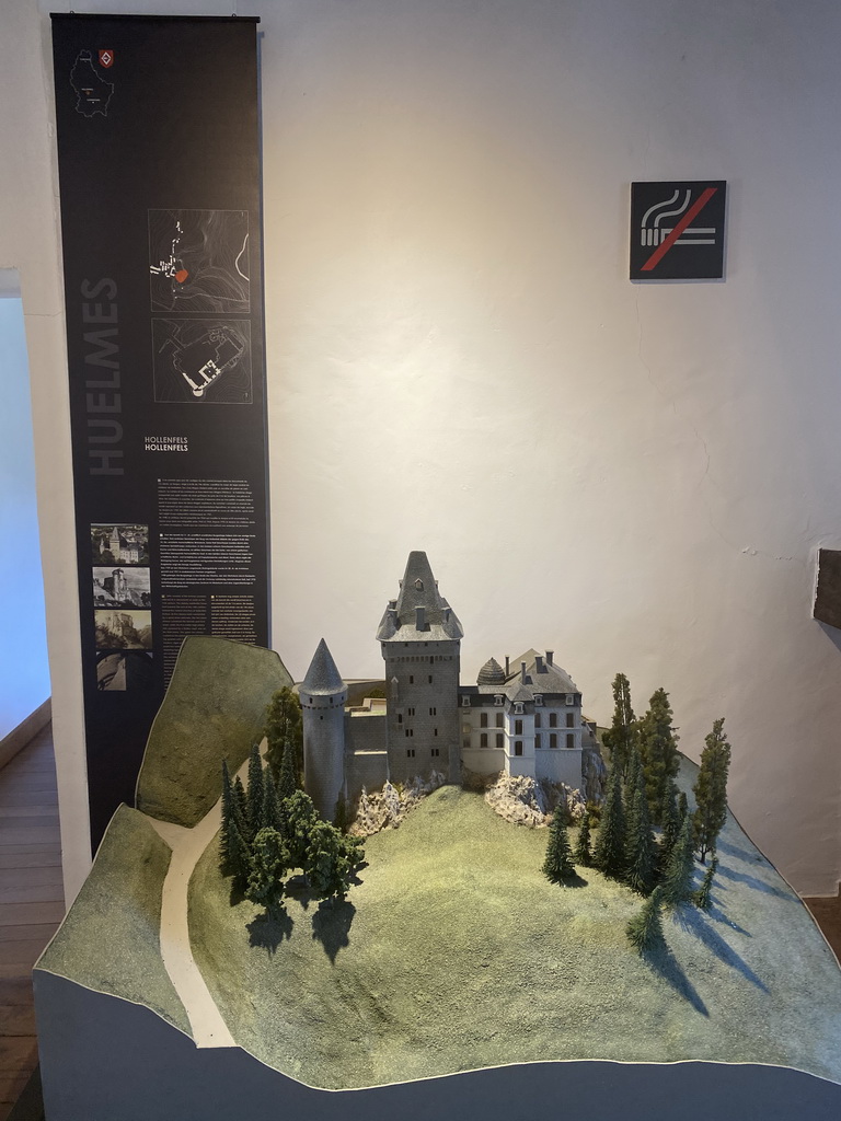 Scale model of the Hollenfels Castle at the Museum of Models of the Castles and Palaces of Luxembourg at Clervaux Castle, with explanation