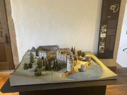 Scale model of the Beaufort Castle at the Museum of Models of the Castles and Palaces of Luxembourg at Clervaux Castle, with explanation