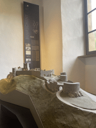 Scale model of the Bourscheid Castle at the Museum of Models of the Castles and Palaces of Luxembourg at Clervaux Castle, with explanation