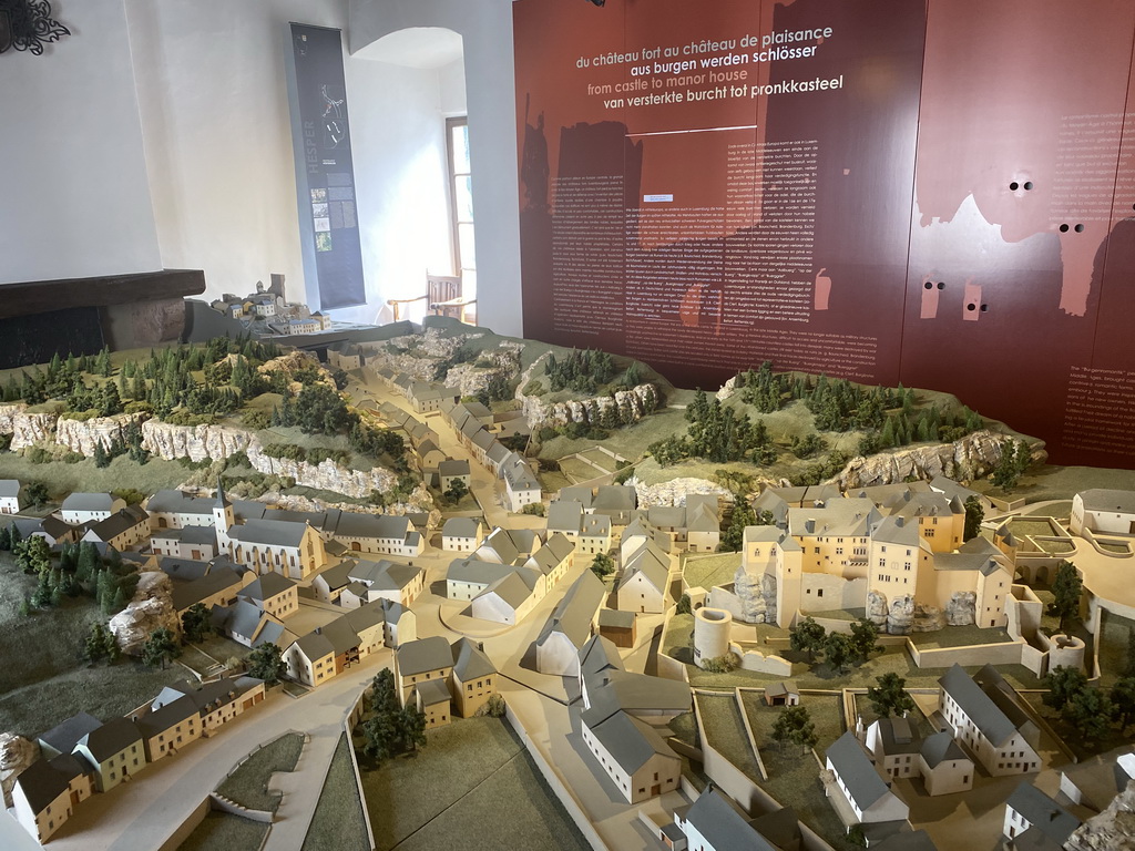 Scale models of the Bourglinster Castle and the Hesperange Castle at the Museum of Models of the Castles and Palaces of Luxembourg at Clervaux Castle, with explanation