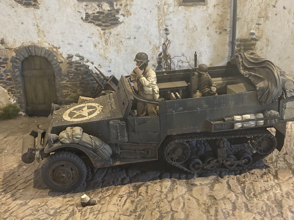 Scale models of a jeep with soldiers at the Clervaux Castle during World War II at the Museum of Models of the Castles and Palaces of Luxembourg at Clervaux Castle