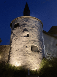 Northeast side of Clervaux Castle at the Rue Schloff street, by night