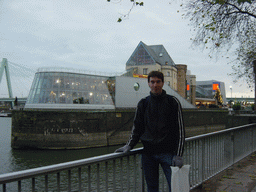 Tim at the Chocolate Museum and the Severinsbrücke bridge over the Rhein river