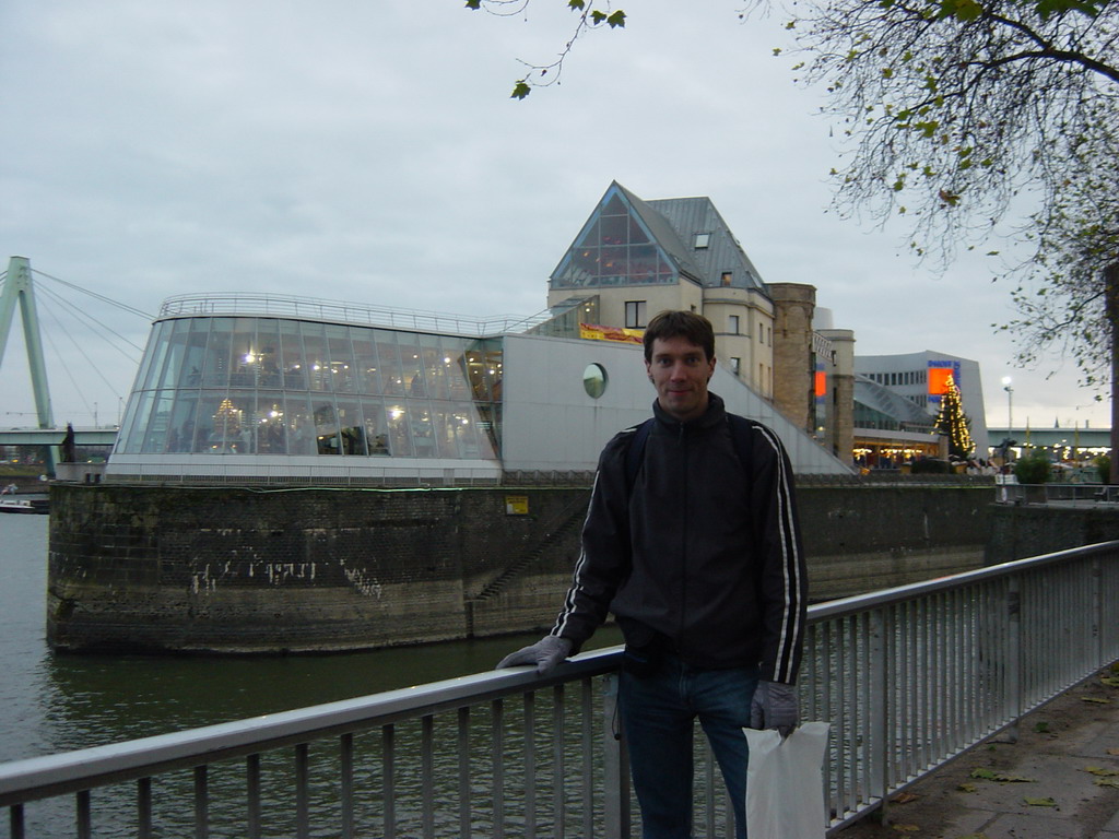 Tim at the Chocolate Museum and the Severinsbrücke bridge over the Rhein river