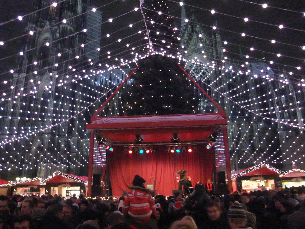 Central stage at the Cologne Christmas Market, and the south side of the Cologne Cathedral, by night