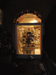 Dog in front of a store window at the Unter Fettenhennen street, by night