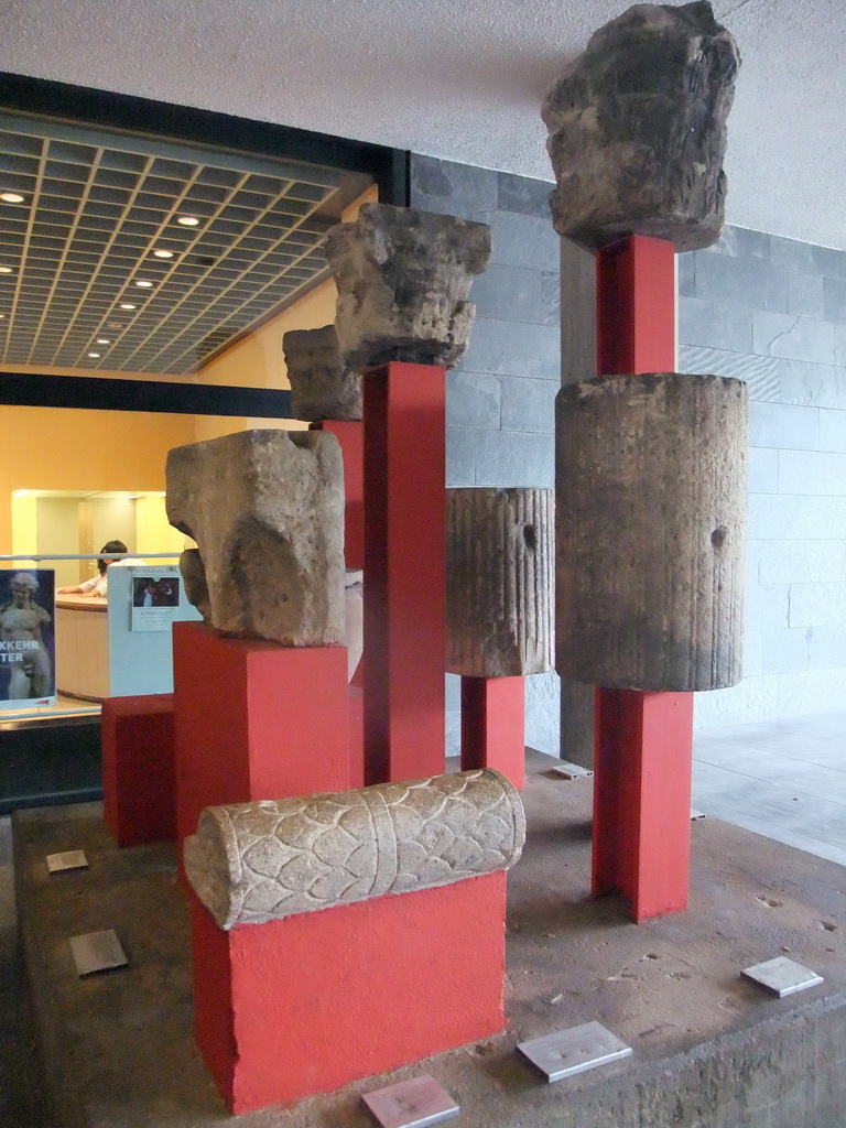 Parts of Roman columns at the entrance of the Romano-Germanic Museum at the Roncalliplatz aquare