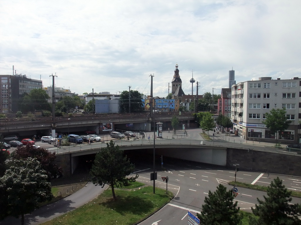 The tower of the Basilica church of St. Ursula and surroundings, viewed from our room in the Appartel Am Dom hotel at the Allerheiligenstraße street