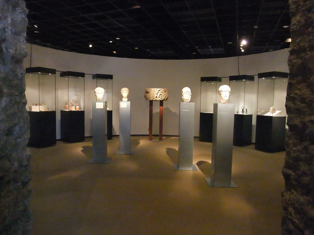 Roman busts, relief and pottery at the ground floor of the Romano-Germanic Museum