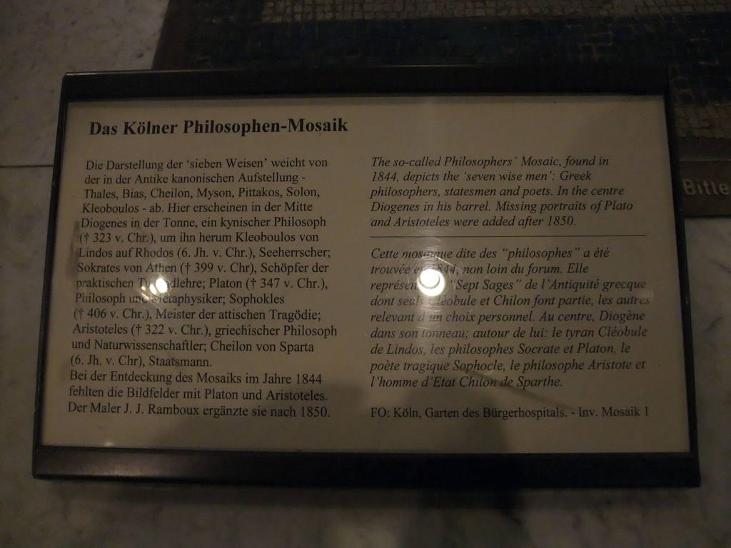 Information on the Philosophers` Mosaic at the ground floor of the Romano-Germanic Museum