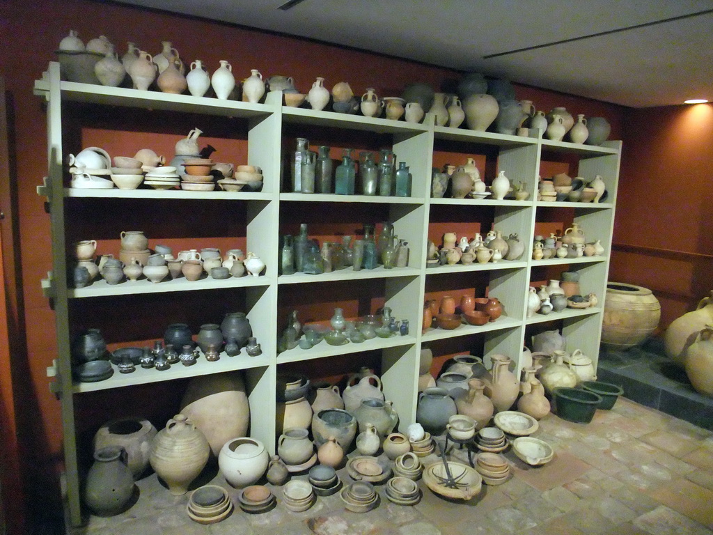 Pottery and glassware at the lower floor of the Romano-Germanic Museum