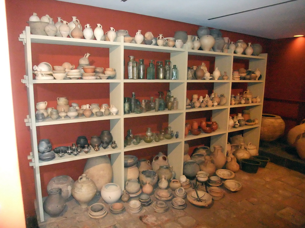 Pottery and glassware at the lower floor of the Romano-Germanic Museum