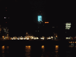 The Cologne Marriott Hotel and the Cologne Tower, viewed from the Kennedy-Ufer street, by night