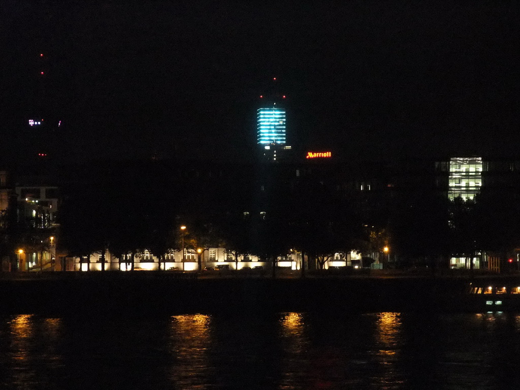 The Cologne Marriott Hotel and the Cologne Tower, viewed from the Kennedy-Ufer street, by night