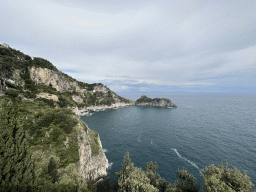 The Torre Capo di Conca tower, the west side of town with the Chiesa San Pancrazio Martire church and the Tyrrhenian Sea, viewed from the parking lot of the Grotta dello Smeraldo cave