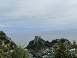 The Torre Capo di Conca tower and the Tyrrhenian Sea, viewed from the rental car on the Via Smeraldo road