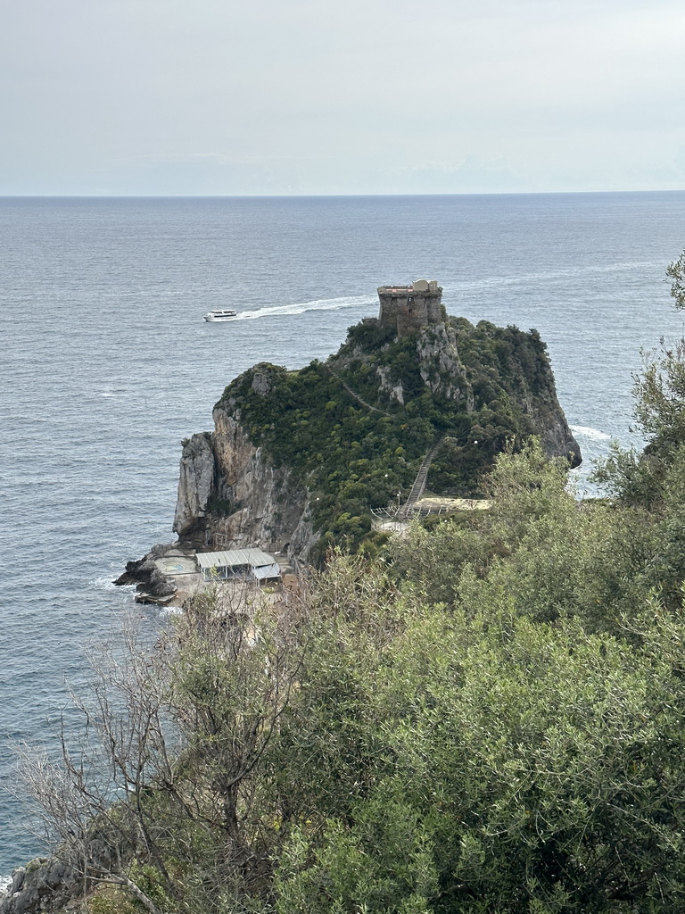 The Torre Capo di Conca tower and the Tyrrhenian Sea, viewed from the parking lot of Hotel Belvedere