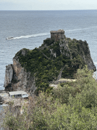 The Torre Capo di Conca tower and the Tyrrhenian Sea, viewed from the parking lot of Hotel Belvedere