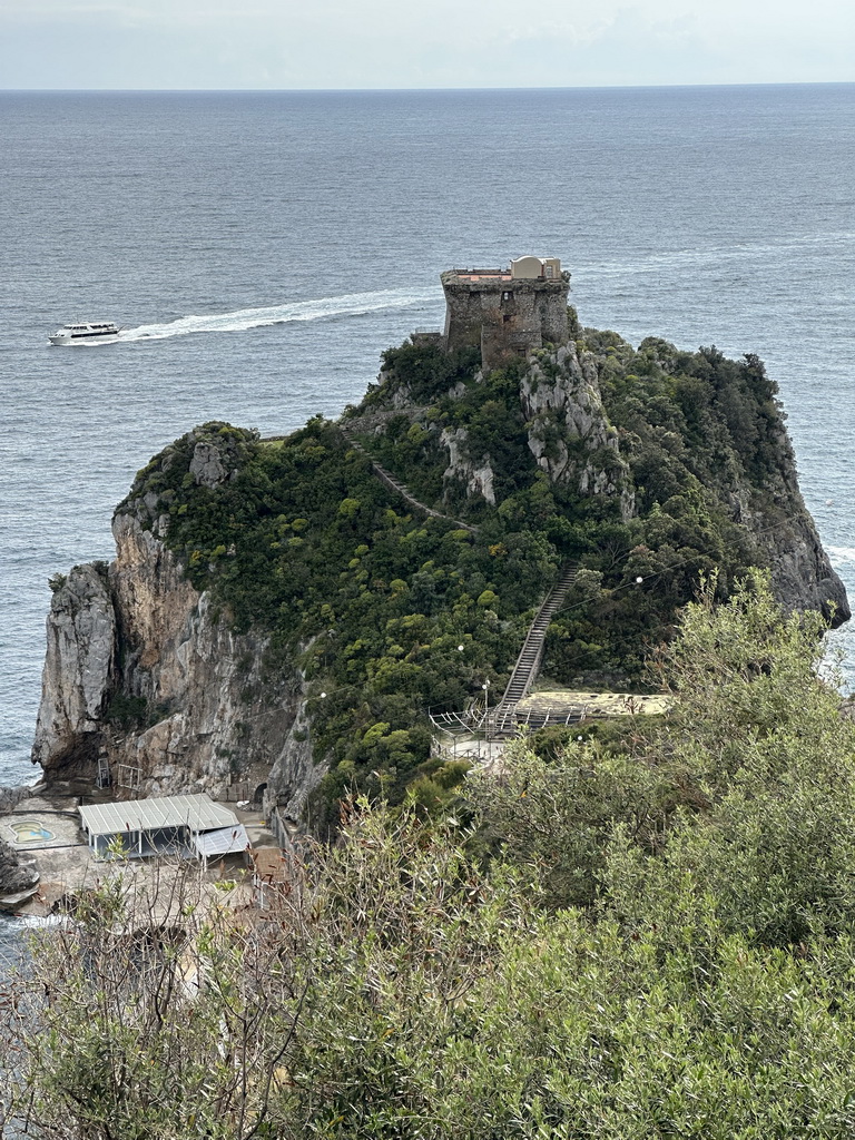 The Torre Capo di Conca tower and the Tyrrhenian Sea, viewed from the parking lot of Hotel Belvedere