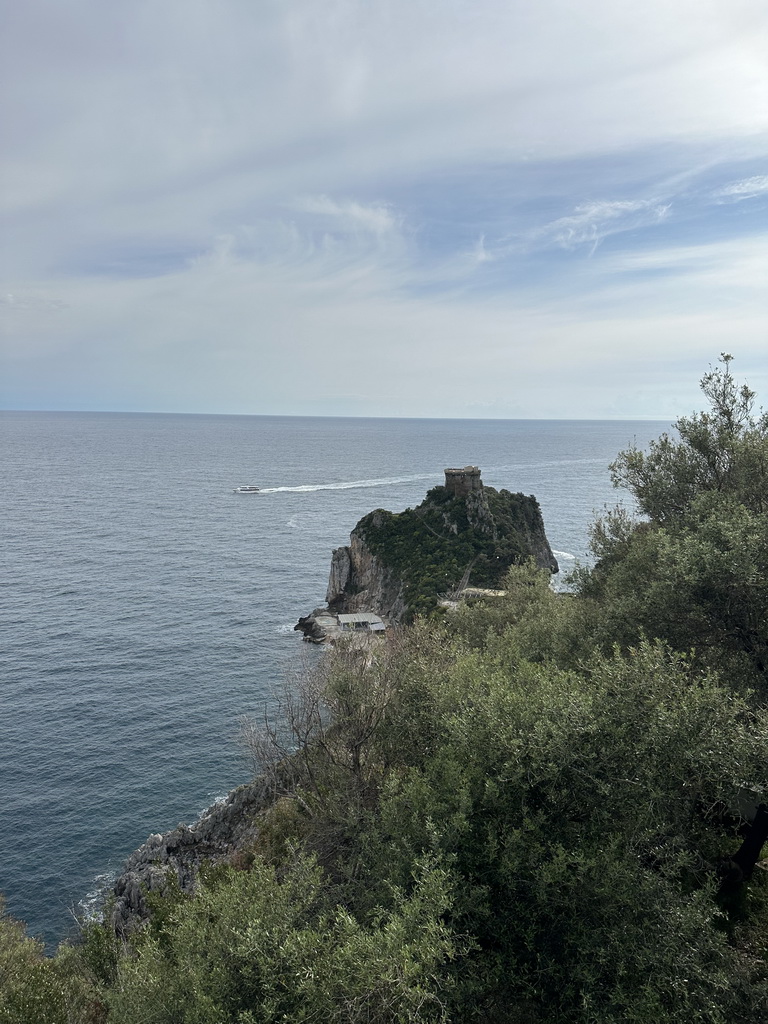 The Torre Capo di Conca tower and the Tyrrhenian Sea, viewed from the parking lot of Hotel Belvedere