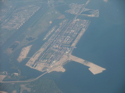 View on the Haveneiland island in the IJburg neigbourhood of Amsterdam, from our airplane from Amsterdam to Copenhagen