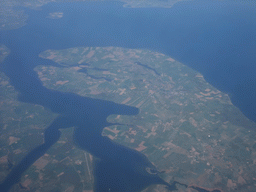 View on the Als island and the Als Fjord strait, from our airplane from Amsterdam to Copenhagen