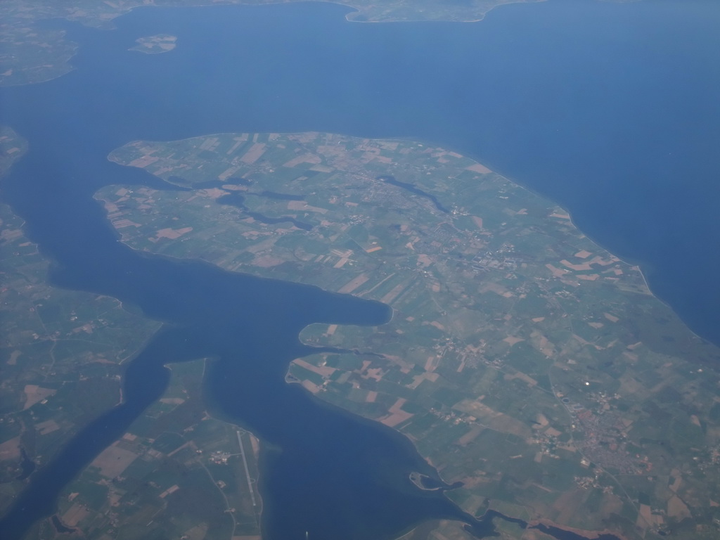 View on the Als island and the Als Fjord strait, from our airplane from Amsterdam to Copenhagen